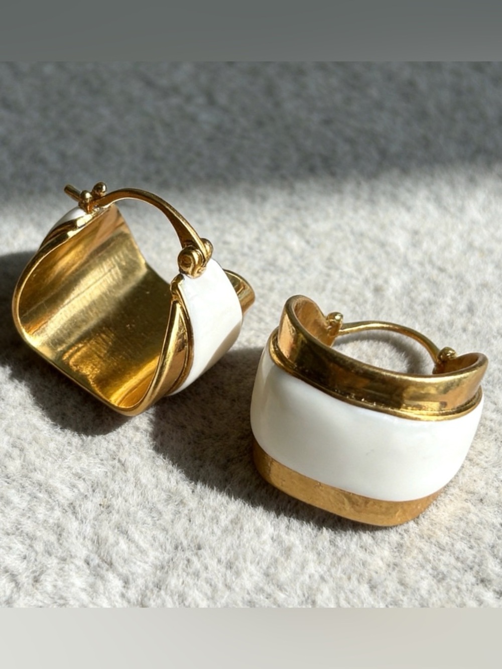 Gold White Enamel Earrings Vintage Geometric Statement